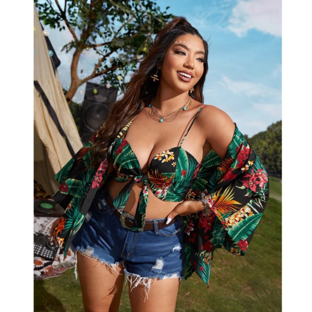 Tropical Print Knot Front Crop Cami Top & Batwing Sleeve Kimono NWT